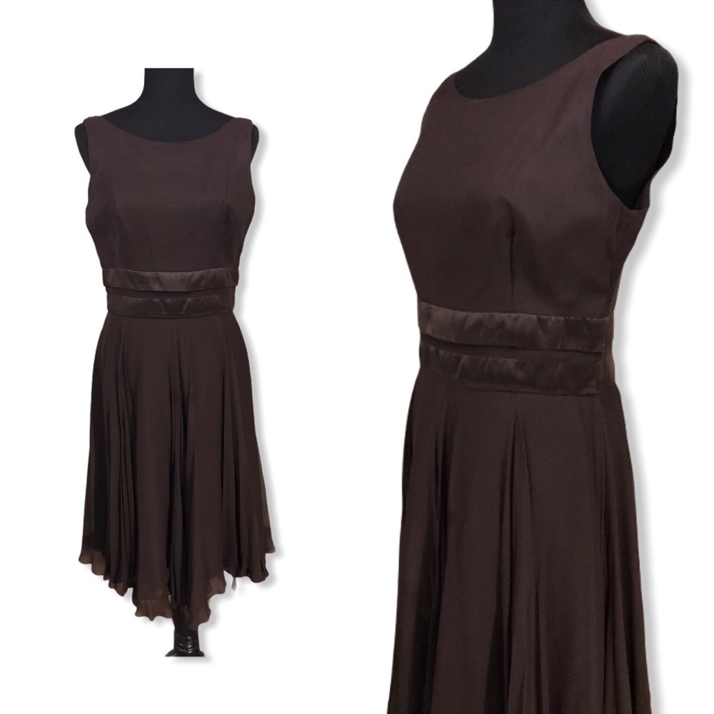 Vintage 90s MIXIT Brown Georgette Silk Dress Fit+Flare Size Womens 8 Small